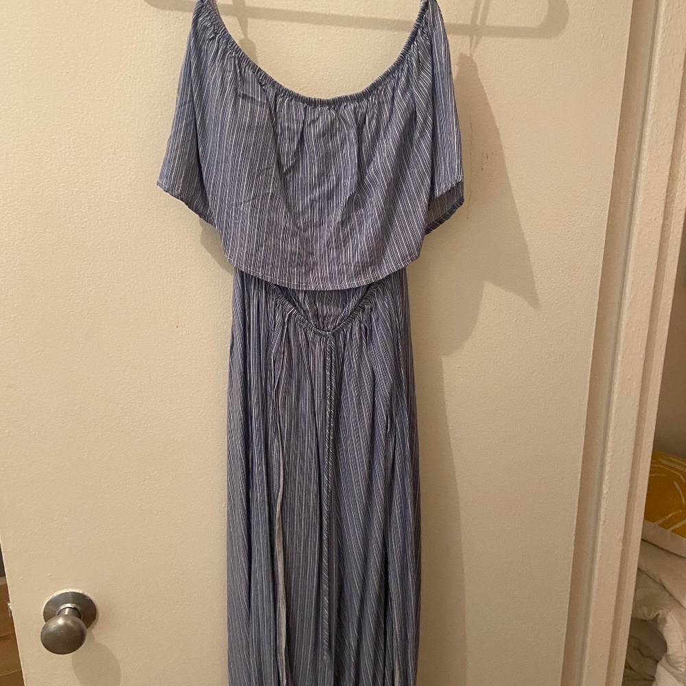 Blue & white stripe strapless jumpsuit